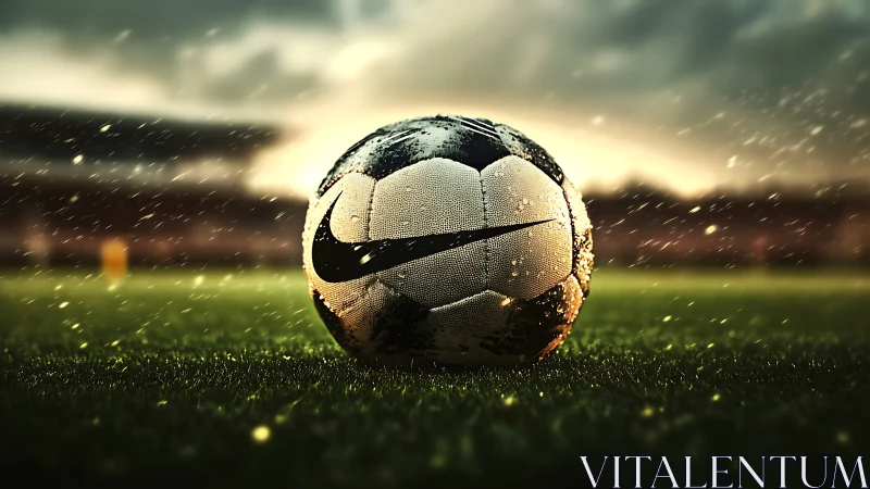 Rain soaked soccer ball gleams under dramatic stadium lights