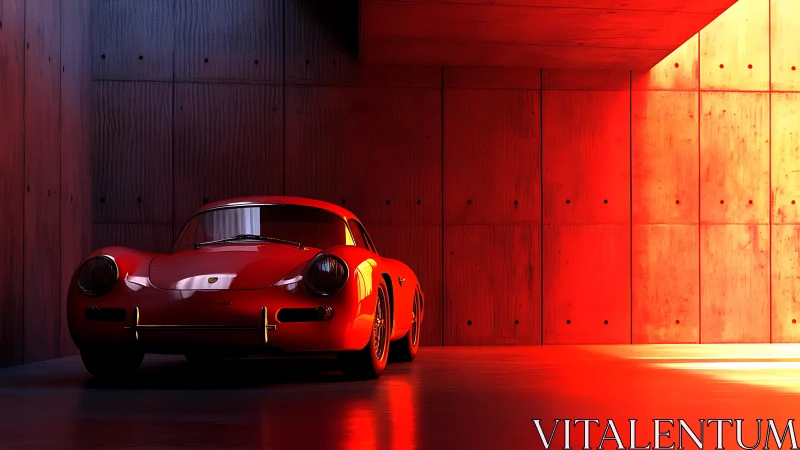 Red sports coupe in minimalist concrete garage glow.