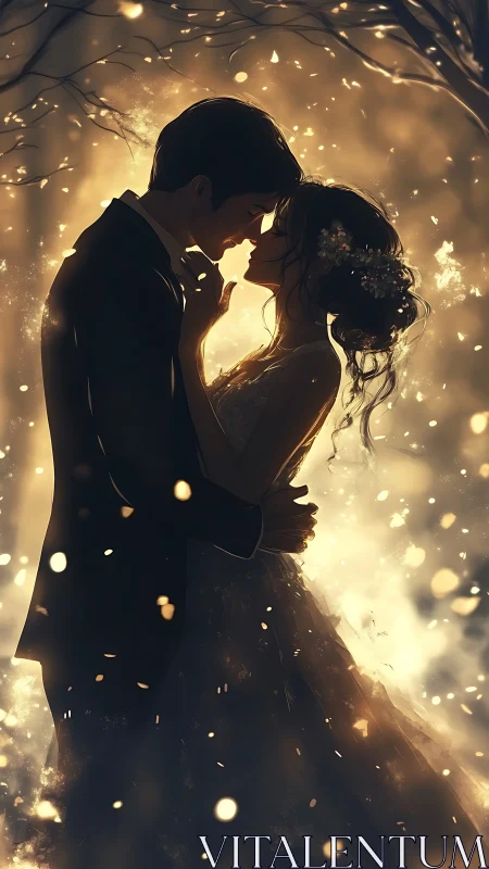 Couple kissing silhouette surrounded by warm golden lights