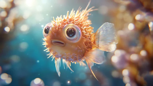 Hyperreal spiny pufferfish render with volumetric caustics.
