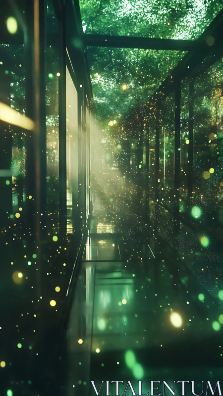 Digital painting corridor with luminous forest reflections.
