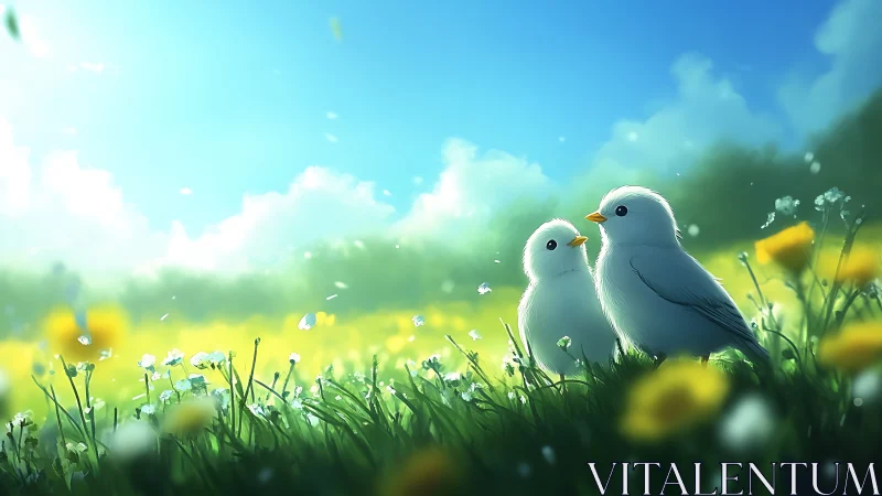 Two white doves rest among wildflowers in sunlit meadow.