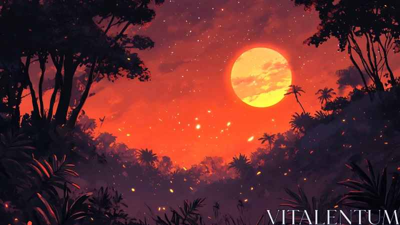 Scarlet jungle valley under glowing full moon sky.