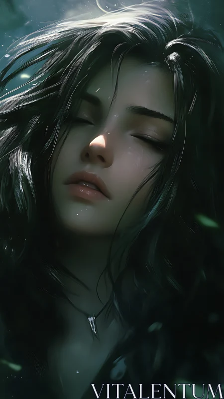 Dreamlike underwater portrait captures serene slumbering girl.