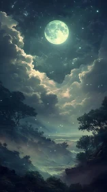 Moonlit cloud opening illuminates layered valley landscape