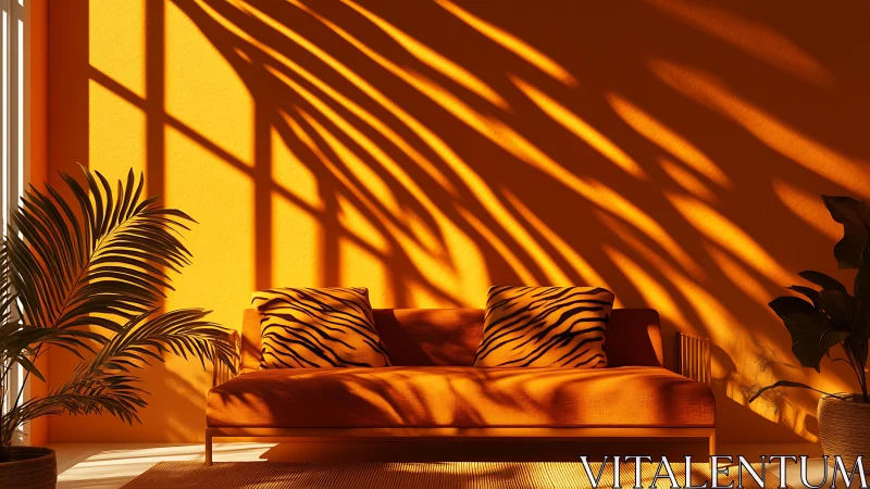 Golden hour sunlight on orange sofa with palm leaf shadows