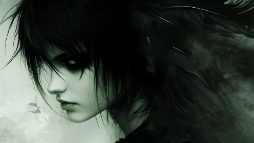 Monochrome profile portrait shows stylized youth with feathered aura