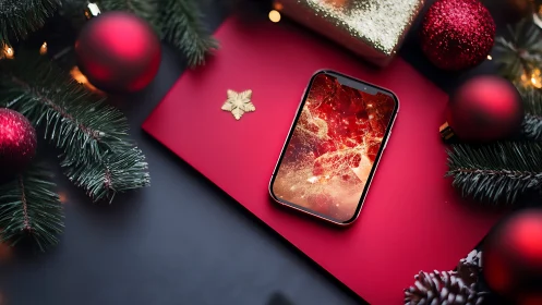 Sparkling holiday smartphone resting in a crimson wonderland.