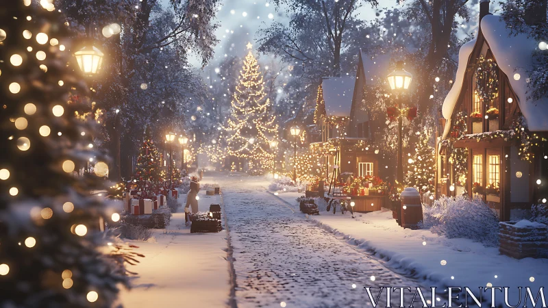 Snow-laden festive village street with luminous bokeh lighting.