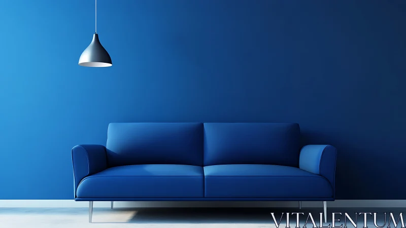 Calm blue sofa sanctuary under a single soft light.