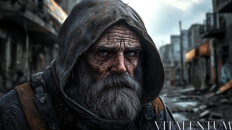 Weathered survivor in hooded coat within ruined cityscape.