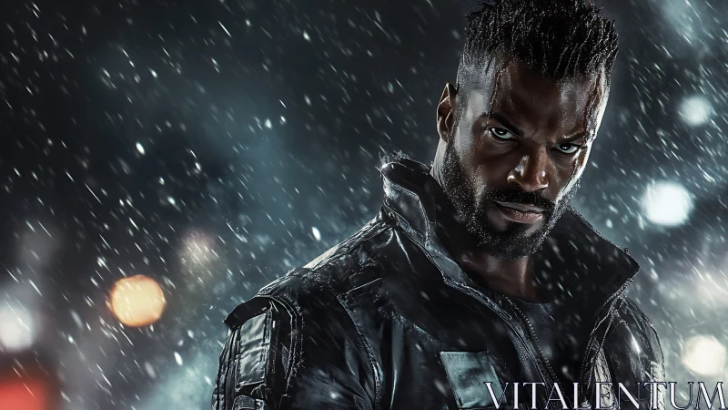 Man in tactical jacket standing in heavy nighttime rain.