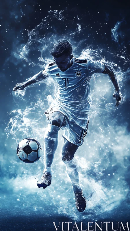 Soccer player in mid-air kick with abstract blue effects.