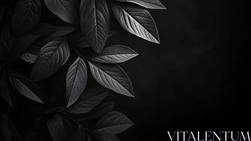 Monochrome botanical leaves on deep black negative space.