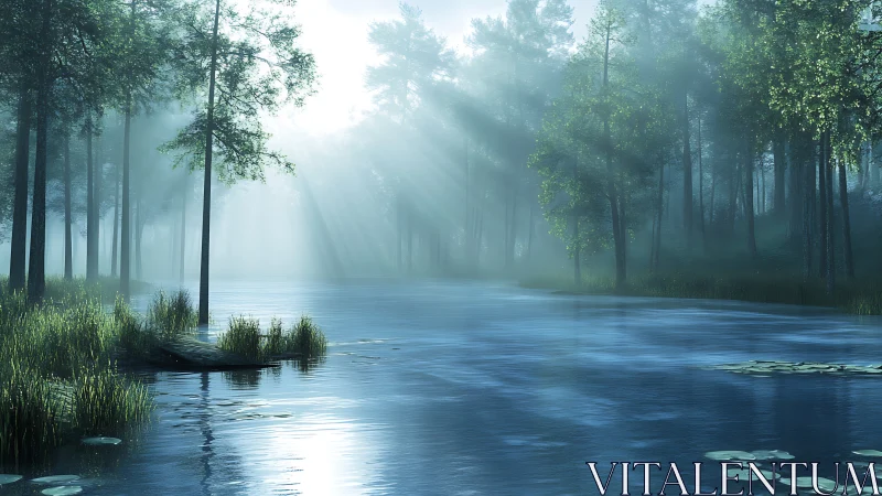 Misty Waterway Through Towering Pines and Ethereal Light.