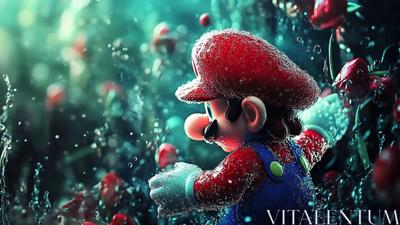 Iconic plumber rendered in luminous wet 3D environment.