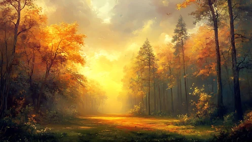 Forest Path Bathed in Golden Autumn Light.