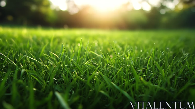 Macro lawn grass study under warm backlit sunrise bokeh focus.