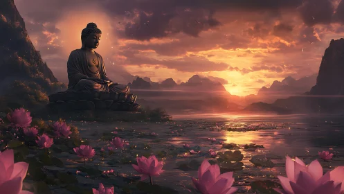 Sunset-illuminated Buddha statue over lotus lake in detailed 3D rendering