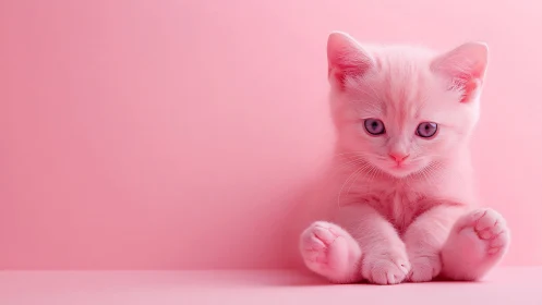 Pink Kitten Against Pink Background Studio Setting