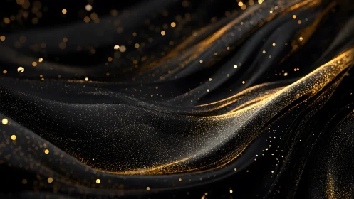 Elegant Black Silk Waves with Gold Glitter in Abstract Style.