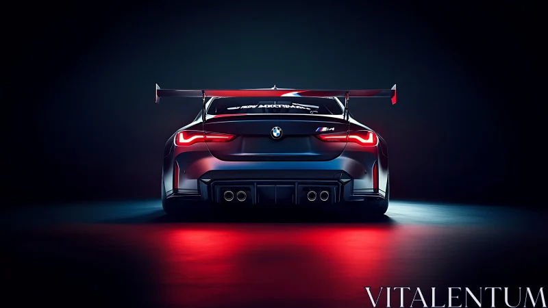 BMW M4 GT racer rear view in cinematic neon studio light.