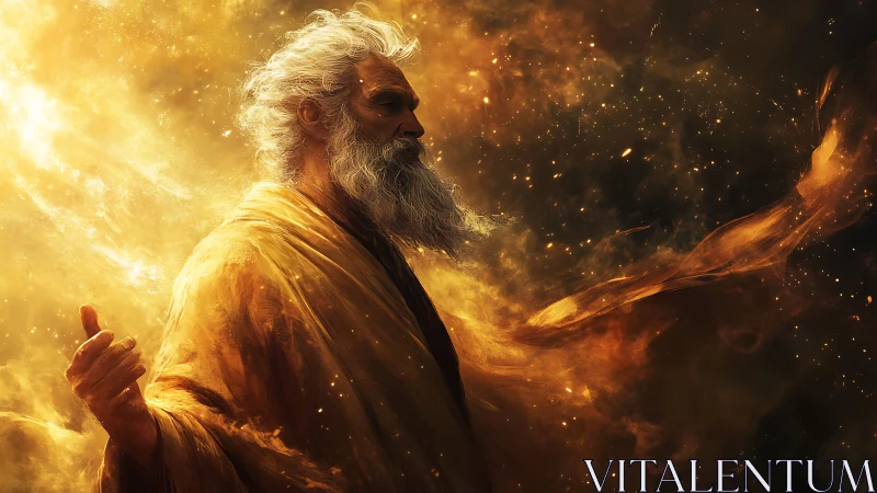 Cosmic elder wrapped in golden swirling starlight.