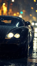 Midnight supercar glides through rainlit neon streets.