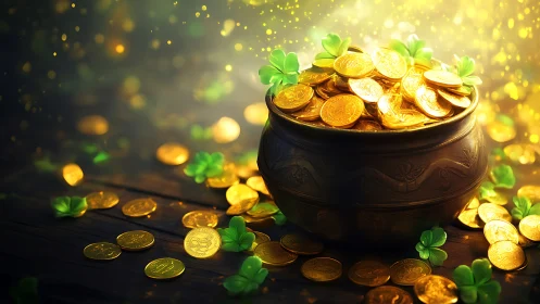 Glimmering pot of gold brimming with clovers and luck.