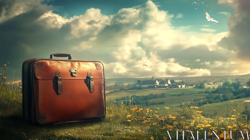 Vintage suitcase in sunlit meadow under expansive sky.