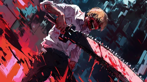 Chainsaw warrior poised amid wild splashes of color.