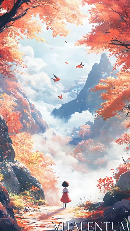 Girl stands on autumn path facing distant misty mountains
