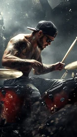 Tattooed drummer executes dynamic performance amid airborne debris