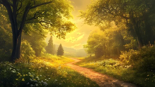 Golden forest pathway with luminous canopy creating atmospheric tunnel effect