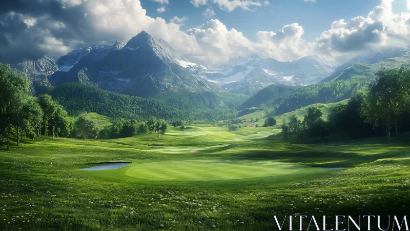 Sunlit alpine golf course amid dramatic mountain peaks.