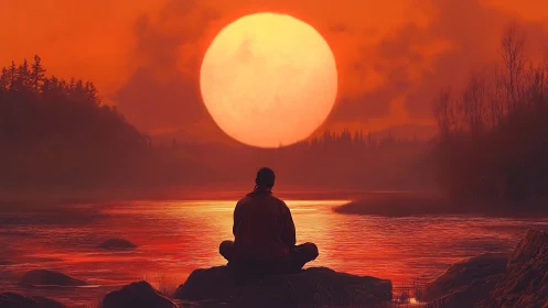 Sun-drunk horizon cradles a lone meditator in ember light