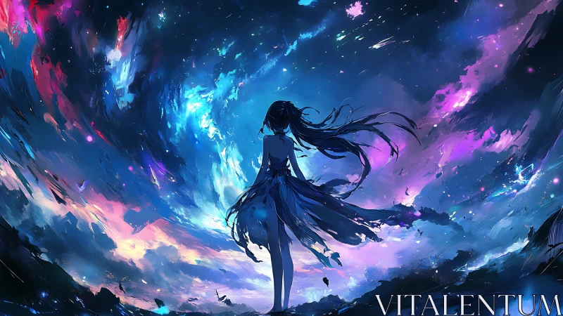 Solitary silhouette gazes into a swirling cosmic sky