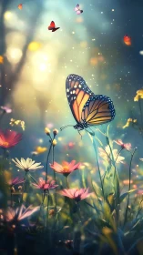 Monarch butterfly in shallow-depth meadow rendered with luminous bokeh