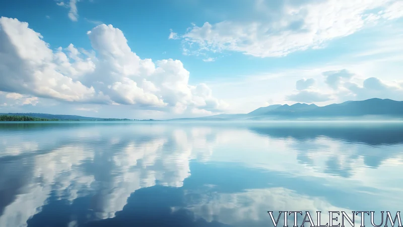 Calm mountain lake with clouds mirrored on water surface.