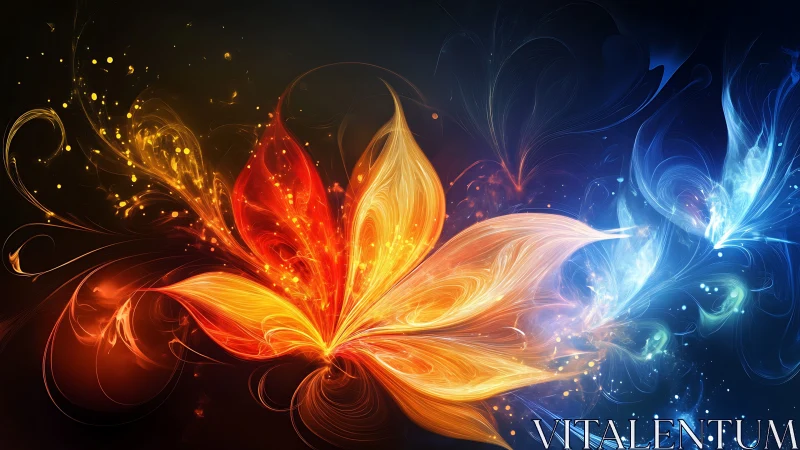 Fiery abstract petals bloom against cool ethereal light