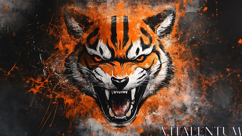 Roaring tiger head over orange splatter grunge background.