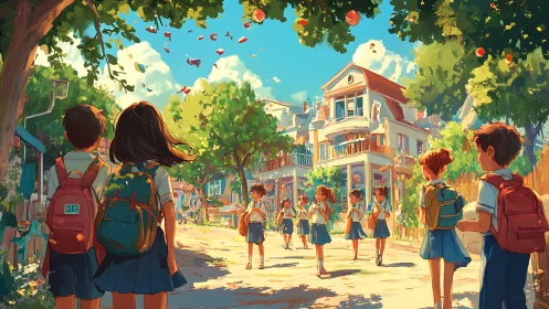 Schoolchildren walking under trees in bright summer street