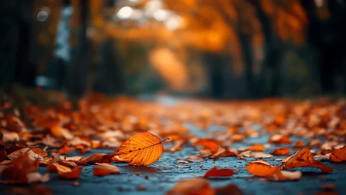 Shallow-focus autumn leaf on path in warm bokeh field.
