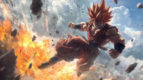 Sky-splitting warrior erupting through clouds of fire.