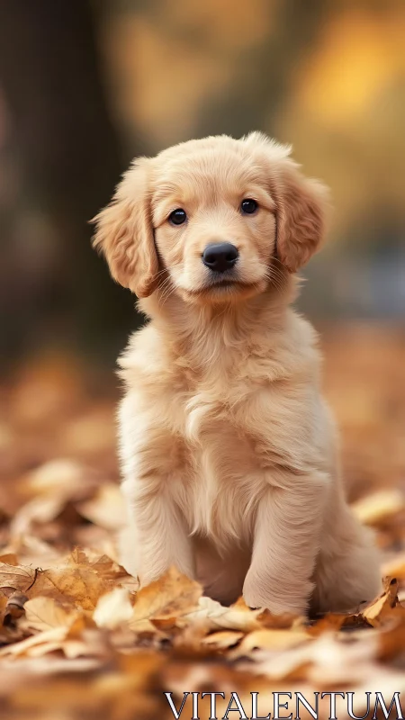 Golden puppy sitting on autumn leaves in warm light.