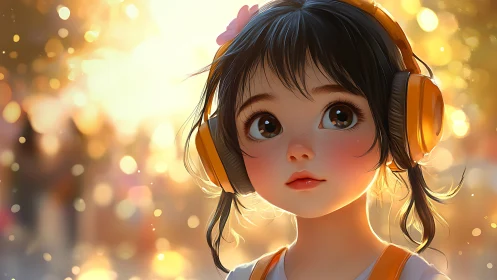 Sunlit anime girl with headphones rendered in soft bokeh light