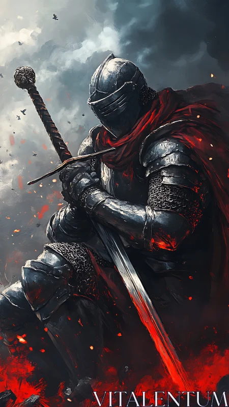 Armored knight kneels in embers beneath a storm-dark sky