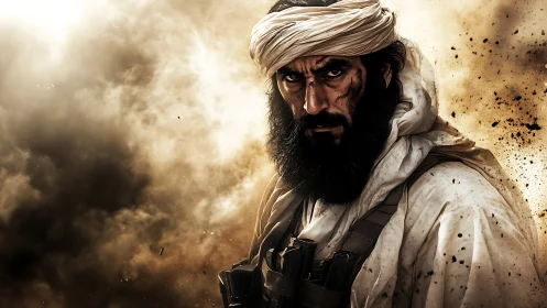 Digital portrait shows armed bearded man amid dust clouds