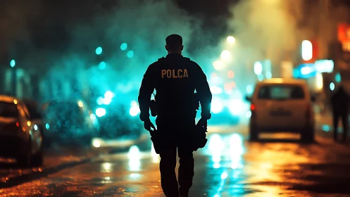 Night patrol silhouette in misty blue city glow.