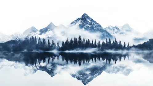 Symmetric alpine ridge with mirrored conifers in misted stillwater.